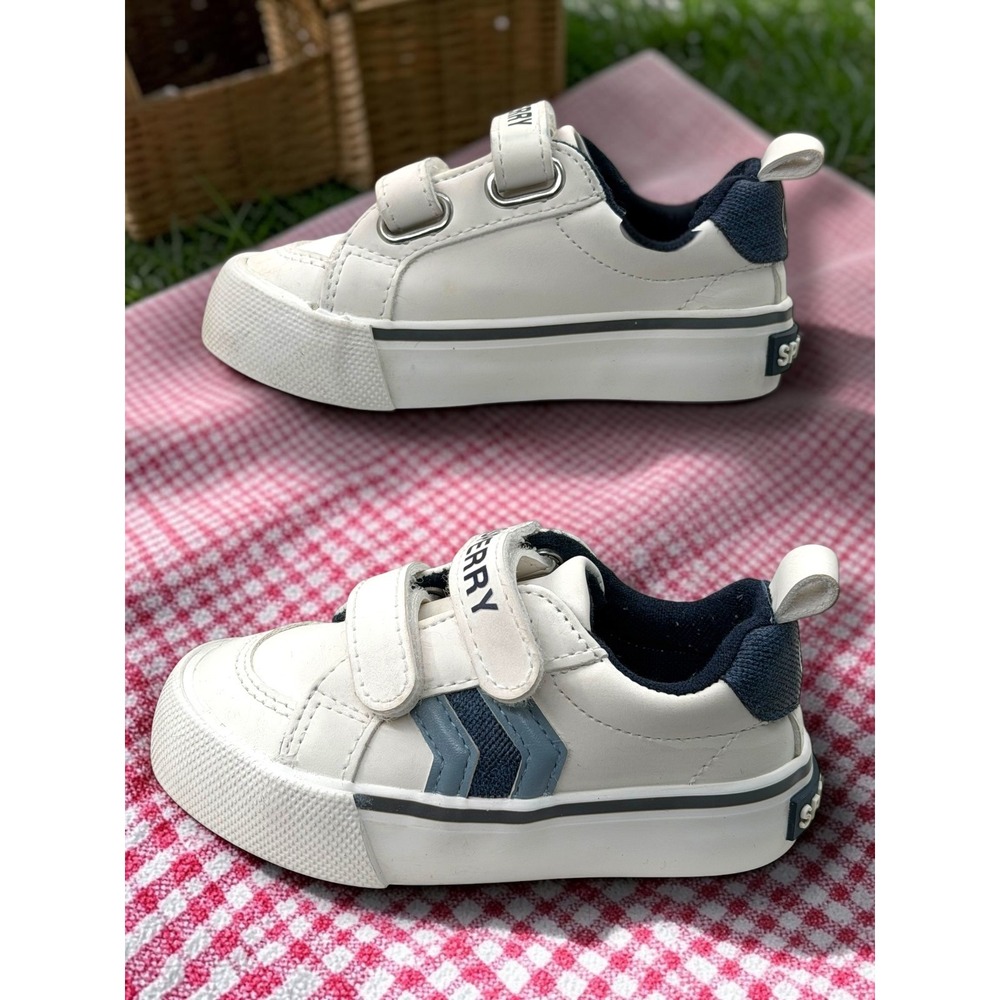 Sperry Kids Memory Foam Hook and Loop White Navy Sneakers Low Top Shoes 5T